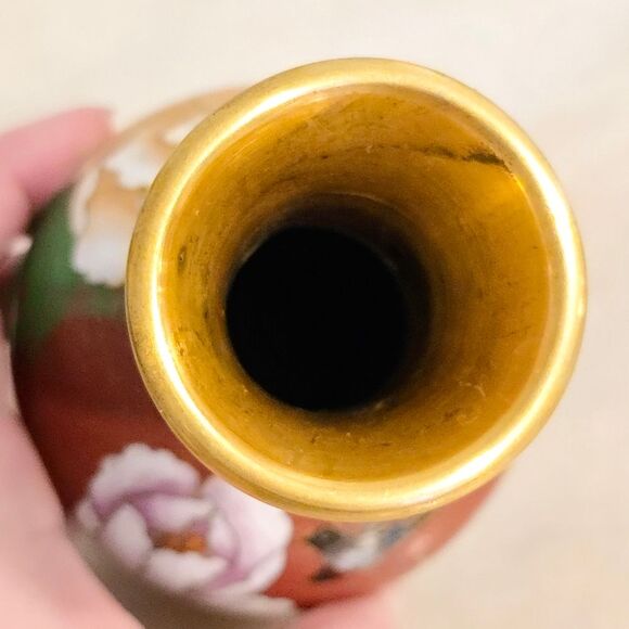 Vintage Antique Chinese Cloisonne Enamel on Brass Red Vase Bird and Flowers - Picture 6 of 8